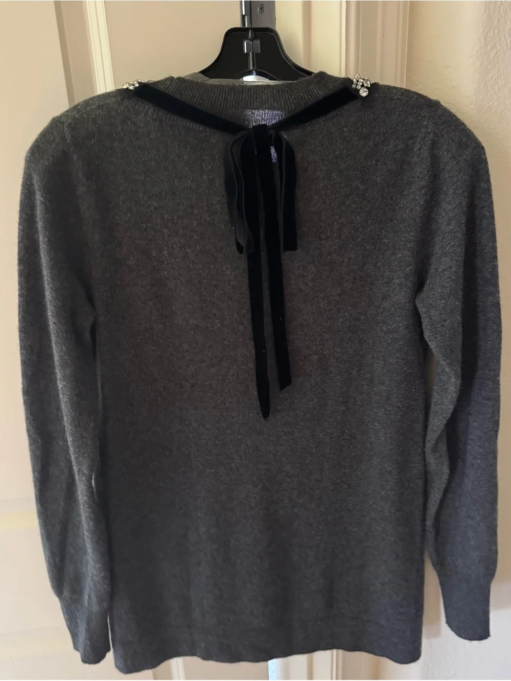 Robert Rodriguez Charcoal Crewneck Sweater with Crystal Embellished Neckline